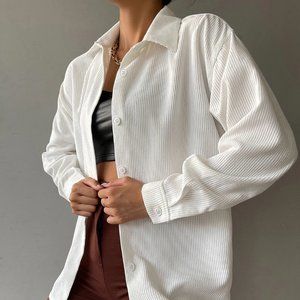 Women's White Drop Shoulder Button Up Cord Shirt